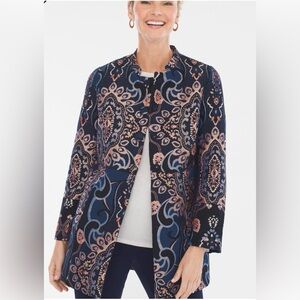 Chico's Paisley Print Jacket Blue Pink Boho Medallion Coat Open Front Blazer